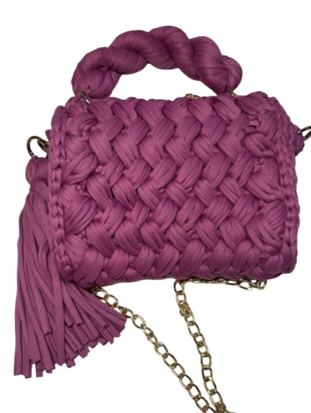 Woven Pink Rope-Handle Crossbody Bag with Gold Chain - Picture 2 of 3